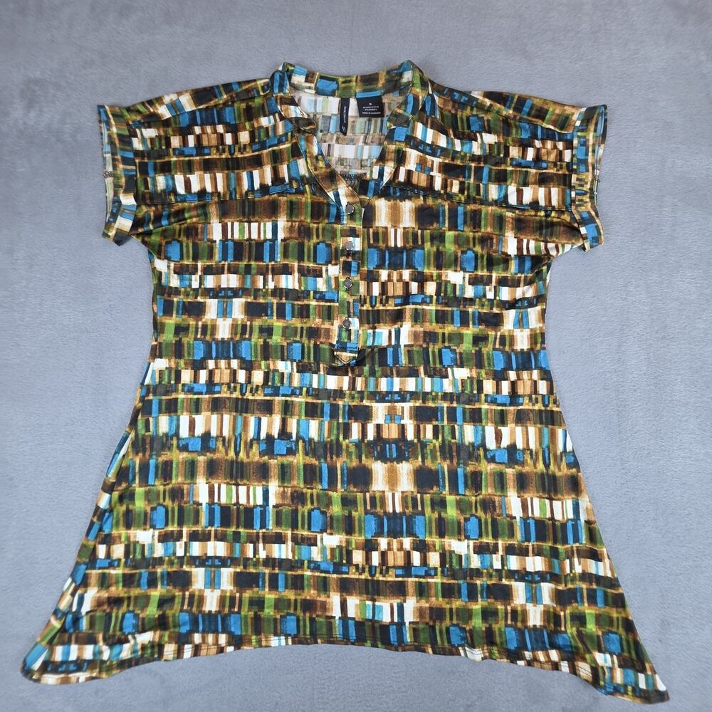 New Directions Womens Small Blouse Geometric Print Stretch Top Short Sleeve